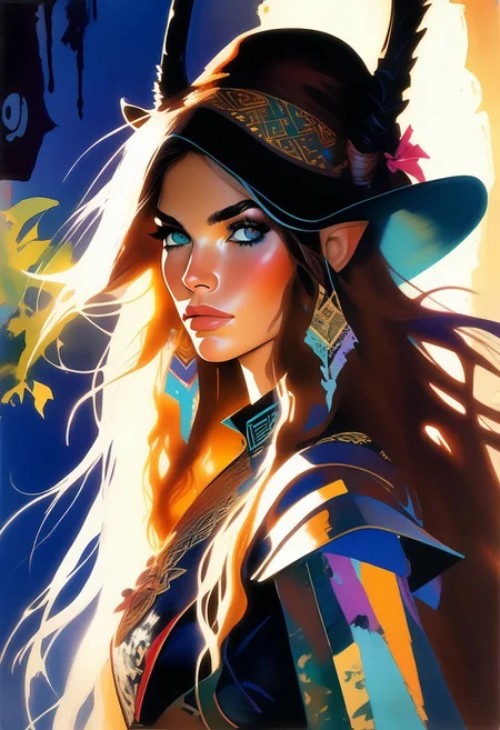 score_9, score_8_up, score_8_up, ((Cinematic composition)),((masterpiece)), (resplendent highlighting), 8k. Photorealistic
1girl, (full body).
A stunningly beautiful elven cowgirl walks out through saloon doors. She’s wearing cowboy clothing on top of her elven garb. Bow on her back, quiver on her belt, cowboy boots, Cowboy hat in her hand, (camera angle from below), deep rich colours, ((full body)) long hair, elven ears. (resplendent spotlight on her face). Brilliant chaotic atmosphere.
Double exposure.
Ink, Charcoal and colourful oil pastels. impressionistic. faded watercolours (Klimt :1.2) dadaistic collage (by Bill Sienkiewicz:1.5), strikingly alluring face. brilliant spotlight effect. Vibrant thick dripping paint. Intense detail, realistic, dynamic shadows and contrasts. Matte and faded background colours. unreal parts, alluring, fluid, perfection, gothic. (Luminous skin dynamically spotlighted), Illustration, (klimt:0.8) (Bill Sienkiewicz:1.5). maximum detail, Chinese watercolor and ink technique. Gold leaf highlights.
<lora:xl_more_art-full_v1:0.4> <lora:epi_noiseoffset2:1>3
