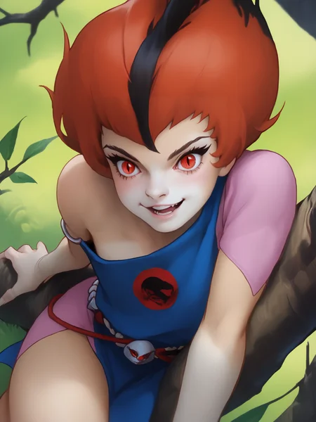 score_9, score_8_up, score_7_up, <lora:10_wilykit_pdxl_16:1> 1girl, solo, w1lyk1t, black striped red hair, red eyes, slit pupils, w1lyk1t tunic, bare shoulder, laying on branch, open mouth, smile, teeth, thighs