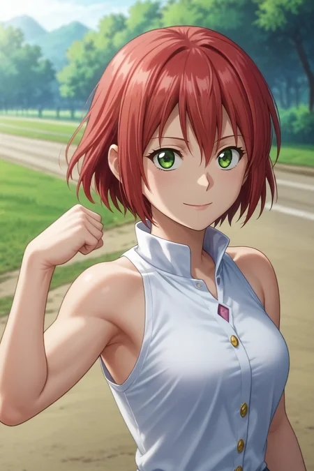score_9, score_8_up, score_7_up, source_anime, rating_safe, intricate details, anime screencap, , , looking at viewer, depth of field, 1girl, solo, <lora:shirayuki-hime_pony:0.76>, shirayuki-hime, red hair, green eyes, hair between eyes, short hair, upper body, highway, dawn, flexing, smile, shirt, bare shoulders, blue shorts, short shorts, (jewelry), kneehighs, <lora:sdxl_lightning_8step_lora:1>
