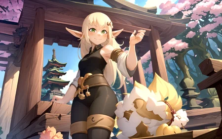 (masterpiece, best quality, highres), perfect lighting,
1girl, evangelyneold, elf, dancing, view from below, dofus, japanese clothes, shrine maiden, pointy ears, hair ornament, long hair, looking at viewer, solo, happy,
festival, sunray, sakura, sakura petals, flowing pink sakura petals, japanese temple, spring, japanese decoration, leaf, ivy, wallpaper, ((empty)), (landscape), rock, nature, plant, extremely detailed environnement, hanabi flower, distant waterfall, (excessive plant), green plant everywhere, loaded, mystical, red glowing flower, glowing sakura petal, blue water, smile, ultra wide angle, ((ultra wide angle)), (depth of field), (((game cg)))
<lora:splashblush:0.7> <lora:krekkovV2_e8:0.6> <lora:epiNoiseoffset_v2:0.5> <lora:Evangelynev1:1>