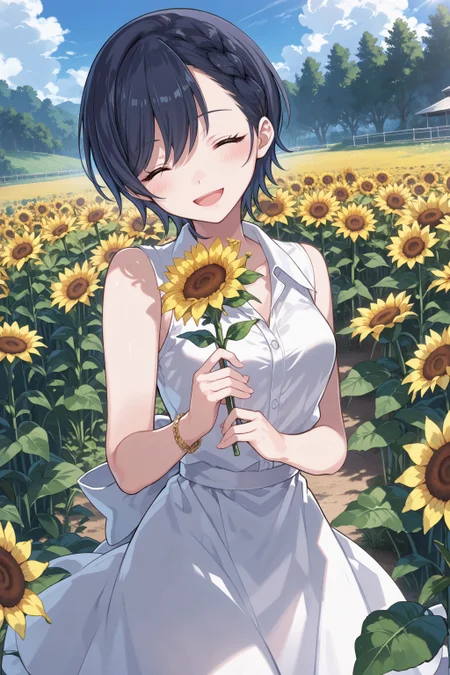 score_max, (score_9, score_8_up, score_7_up:1.2), score_6_up, official art,
masterpiece, absurdres, high detail, 8k,
sunflower, flower field, blue sky, sunshine, cowboy shot,
standing, holding flower, head tilt, smile, closed eyes, open mouth, blush,
cattleya, white dress, dress shirt, ribbon, sleeveless, bracelet,
<lora:XL_Pony_gomaotsu-cattleya-t1:1.0>