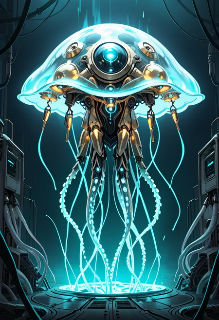 masterpiece, best quality, no humans,   ,<lora:TechJelly_IXL:0.7>,  TechJelly, bio-mechanical fusion, iridescent tentacles, digital aura, holographic patterns, abandoned lab, glimmering screens, mysterious pose, deep shadows, blue light, eerie atmosphere â In the heart of an abandoned laboratory, TechJelly floats silently among the shattered glass and dormant machinery. Its bio-mechanical fusion is awe-inspiring, with iridescent tentacles that flicker in the dim blue light, and its body emits a digital aura, holographic patterns shifting across its surface. The glow of glimmering screens illuminates the dark space, casting mysterious reflections across its form. It strikes a pose of quiet power, suspended in the depths of shadows, its presence both eerie and magnificent, a creature from a forgotten era of advanced technology.