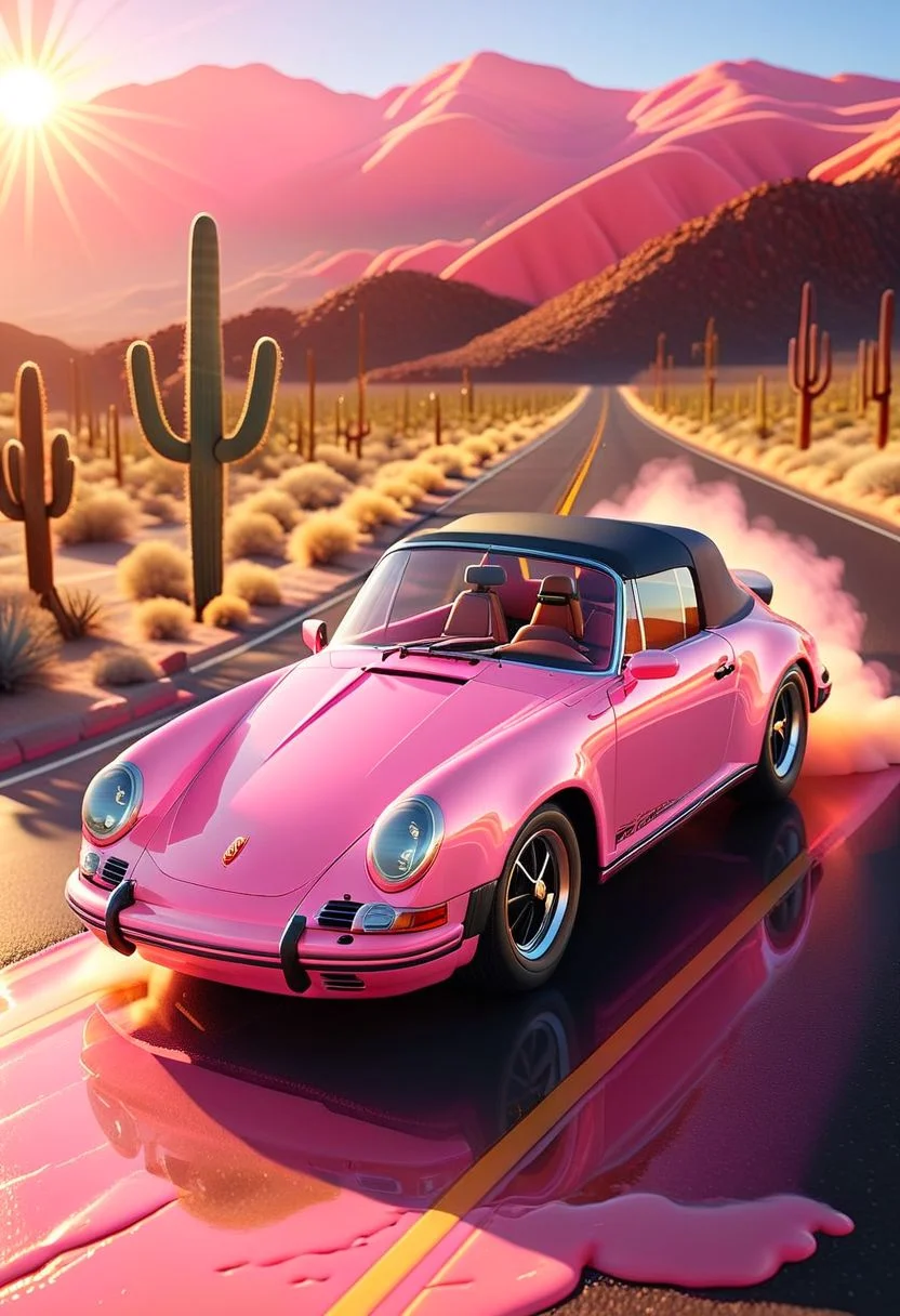ispzxll, diorama, isometric, miniature, volumetric lighting style, intricate details, wide angle, ultra-detailed, pink porsche convertible car, setting speed record, nevada desert highway, long straight road, palms, tire smoke, massive cactus, wet pavement, reflective surfaces, glossy, golden hour, long shadows, fluffy clouds, sun rays shining through, 8k