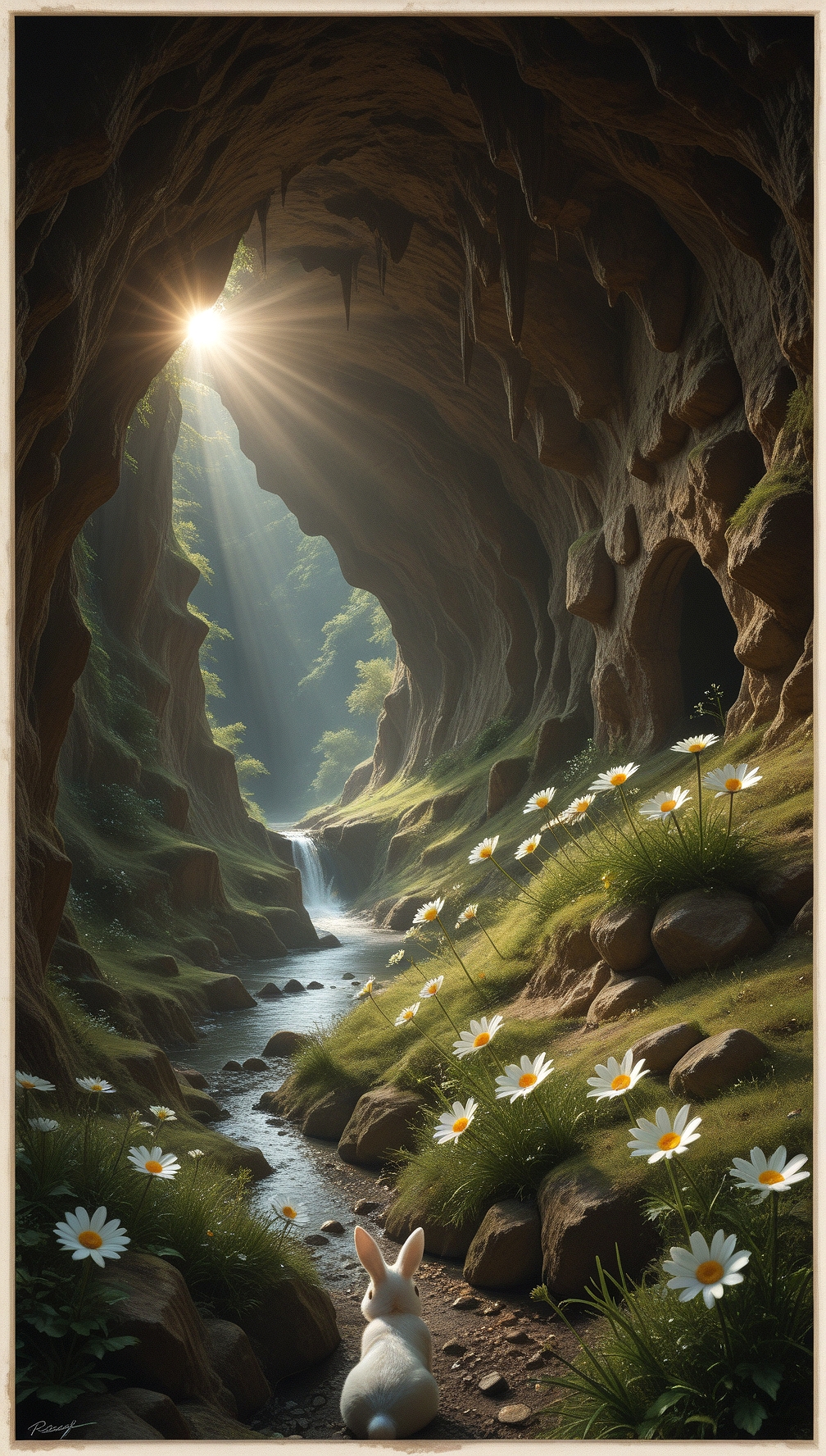 A digital painting of a dark, rocky cave entrance with a soft, ethereal light at the end. The cave is dimly lit, with cracks and stalactites visible on the walls. The foreground is filled with small, white daisies, adding a touch of nature to the scene. The rabbit is positioned in the center of the image, facing the viewer with its ears perked up. The overall atmosphere is mysterious and ethereal..    

,
masterpiece, best quality, amazing quality, very aesthetic, perfect, eyes, grown, 24yo, photorealistic, (USNR),





,solo, flower, outdoors, signature, water, no_humans, border, bird, animal, from_above, white_flower, sunlight, grass, white_border, scenery, nature, rabbit, rock, light_rays, light, river, orange_flower, daisy, cave
