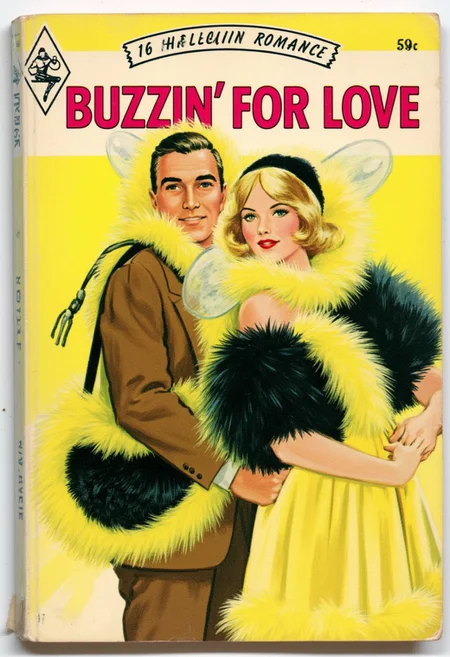 Vintage Harlequin Romance Book Cover for ”BUZZIN’ FOR LOVE”. The cover features a vintage pulp illustration of a romantic couple wearing fluffy bumblebee costumes in black and yellow.