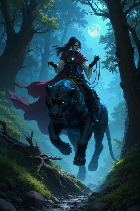 <lora:FANCHA_style:0.75> FANCHA style.
The image is a digital artwork in a fantasy style, depicting a fierce yet beautiful, young woman and a colossal, majestic black panther in a vibrant, luminescent forest. The woman, with a slender and elegant build, has a striking appearance with pale skin, dark hair styled in a high ponytail, and piercing green eyes. She wears a very dark red, flowing behind, cloak with black lining. White blouse can be seen under the cloak. Her attire includes an intricate necklace with glowing neon-blue gem which illuminates her chest and the blouse with blue light. On her elegant hands she wears black long gloves, and tiny high leather boots on her feet, giving her an otherworldly, sorceress-like appearance. She is riding on the back of a (colossal, massive black panther), which is depicted in high graceful mid-leap over a (thick old fallen tree) lying across the path, its short fur glistening catching moonlight highlights, and its eyes glowing with an eerie, luminescent effect. The panther's muscles are detailed with a realistic texture, emphasizing its powerful, majestic build. (The woman, clings tightly to the panther, bending over, slightly tucking her legs and holding the reins tightly in her hands:1.2), with her confident gaze focused forward. The background is a mystical, ethereal forest bathed in faint mist and deep, electric blue moonlight and crawling fog, creating an eerie, almost dreamlike atmosphere. The forest is dense with various shades of green foliage and lush vegetation, including ferns and tall, spindly trees. The ground is covered in moss and rocks, and the air is filled with glowing luminescent particles or fireflies adding sense of volume to the scene.