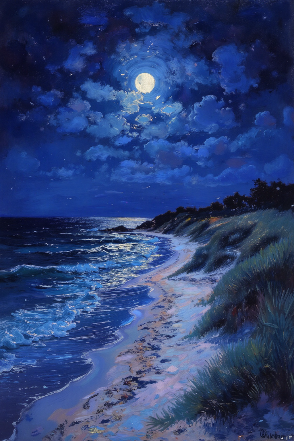 oil painting,OByouhua,
An evocative oil painting of a moonlit beach, with the soft glow of the moon illuminating the sand and the waves. The colors are cool and ethereal, with a focus on the interplay of light and shadow. The texture of the sand and the gentle movement of the waves are beautifully captured.