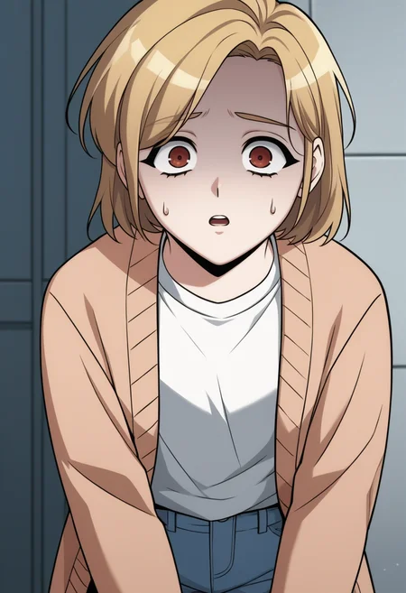 source_anime,anime screencap, anime coloring,intricate details,rating_explicit, masterpiece, best quality,
(best quality, absurd res, ultra detailed),,(4 finger:0.5),1girl, ((solo)), good eyes,perfect eyes,,detailed eyes, zPDXLxxx , zPDXL3, OverallDetail,detailed, detailed face
BREAK
solo,indoors,standing,front view,
shinyoosung, short hair, blonde hair, brown eyes, white shirt, open cardigan, blue pants, jeans, denim, long sleeves, upper body, scared, sweatdrop, shaded face,
, <lora:add-detail-xl:2> <lora:shin_yoosung-02:1>