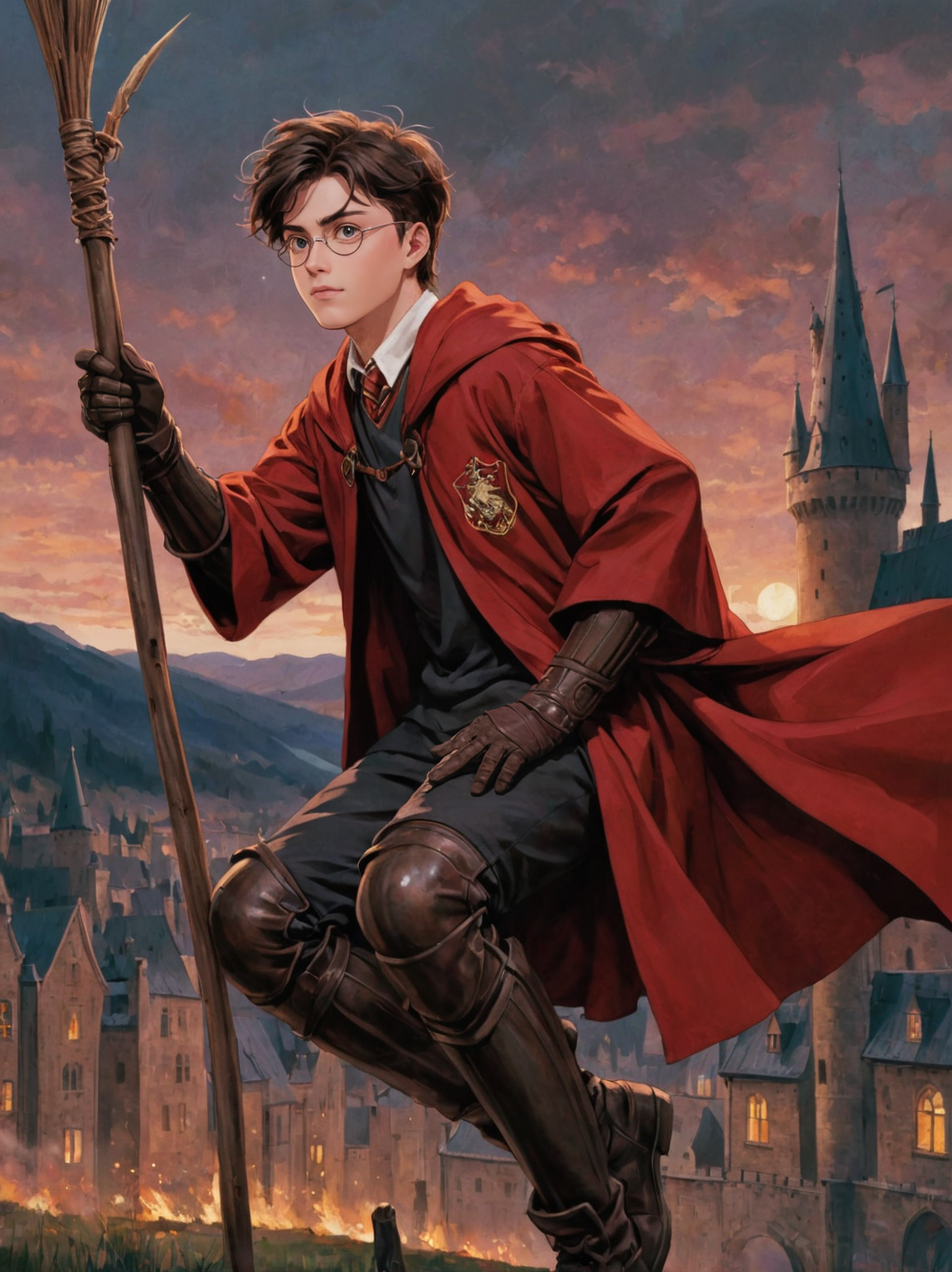 anime art, anime coloring, a boy wearing a gryffindor quidditch uniform, elbow protections, armor, trausers, red robe, witch broom, hogwarts, gryffindor emblem, low angle, muted colors, dark palette, hazy twilight, (looking away, looking far:1.3)  <lora:harry_potter_v1:1.1>