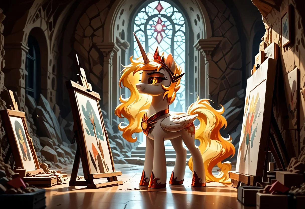 score_9, score_8_up, score_7_up, score_6_up, score_5_up, score_4_up, The dark side of Celestia, Daybreaker, alicorn pony, g5, rich colors, crystal castle, Crystal Empire, crystal heart in the center of the square, presents a painting of rabbits and pony, aroused, front view, detailed background, pony, solo, detailed, 8k quality, side view, beautiful, teasing, easel and brushes, leaned to the floor, free actions,