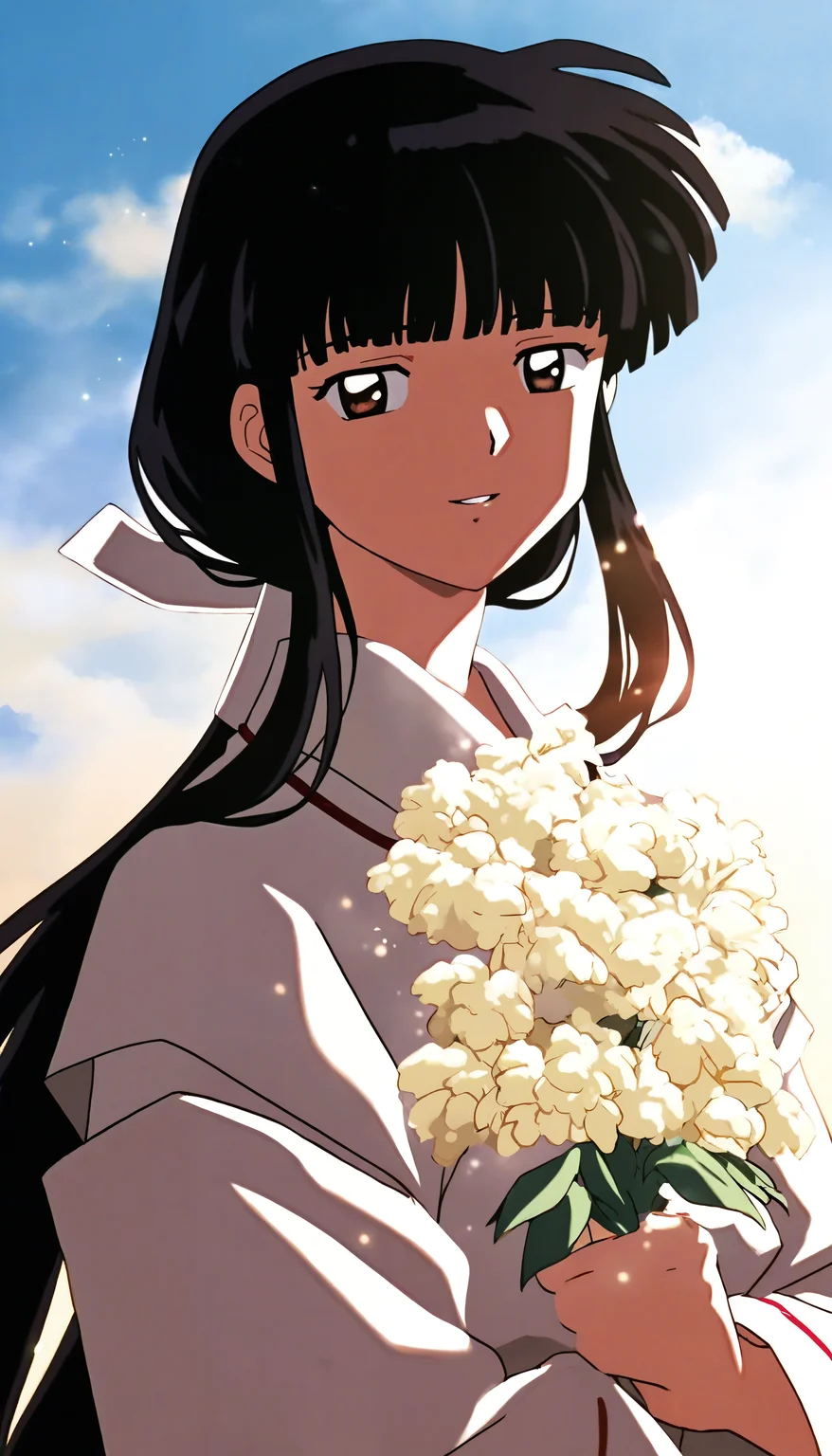 masterpiece,best quality,amazing quality,
<lora:kikyoNAI:1>,k1ky0,
1girl,solo,black hair,long hair,low ponytail,bangs,white scrunchie,brown eyes,miko outfit,red ribbon necklace,portrait,looking at viewer,parted lips,smile,holding flower,blue sky,cloud,soft lighting,light particles,