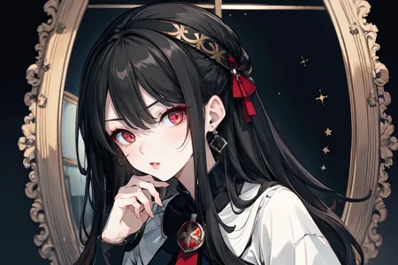 highly insanely detailed, masterpiece, top quality, best quality, highres, 4k, 8k, RAW photo, (very aesthetic, beautiful and aesthetic),  
beth_\(megami_tensei\),bethsmtii,shin megami tensei ii,long hair,black hair,straight hair,sleek black,jewelry,cross,headband,red_lipstick, 
<lora:zs_Beth:0>, 
(1girl:1.3), 1other, 
dark auburn background,âââ