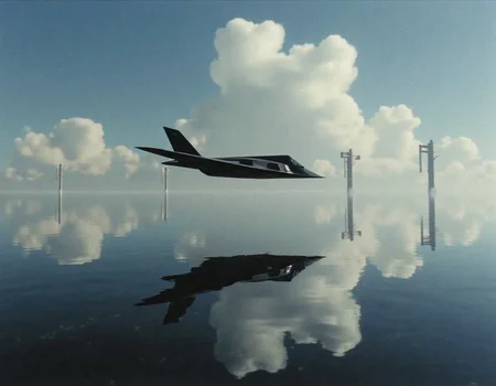 <lora:f-117-flux-000012:1.6> f-117
An F-117 flying low over a perfectly still mirror-like ocean that reflects an upside-down alien sky, surreal structures visible in the reflection but not in the real world, slow glide across the surface, close-up lateral tracking shot, mood is mysterious and metaphysical, surreal sci-fi art style