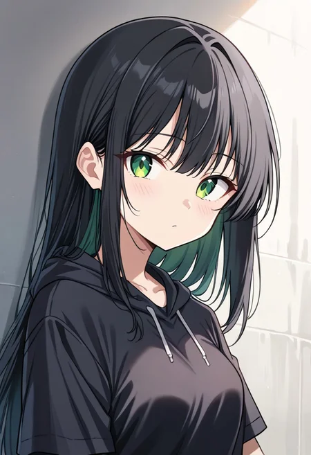 score_9, t1ff4ny, green eyes, long black hair, white t-shirt, black hoodie, source_anime, ntm