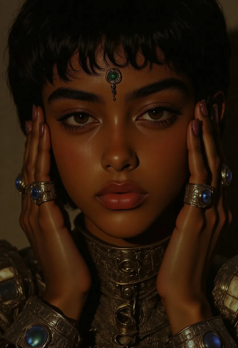 Fluxlisimo, dark art, fictionalcasca, tanned skin, brown eyes, short black hair, glowing dots and lines artwork, HQ, high quality, highly detailed, 8k, hyper realistic, cinematic: Close-up portrait of fictionalcasca, a striking woman with smooth, rich tanned skin and short black hair styled sleekly. Her deep brown eyes are intense and framed by bold, glittering silver eyeshadow that shimmers in the light. A small silver nose ring adorns her left nostril, while her full, glossy deep plum lips exude elegance. Ornate silver jewelry with sparkling blue gemstones decorates her forehead, nose, and hands, adding a regal aura. Multiple silver rings with colorful gemstones delicately frame her face. Jewelry and facial features glow with luminous, toxic neon green, electric blue, bright violet, and deep magenta hues. The background softly fades into neutral tones to emphasize her radiant face and luxurious adornments. Soft, even lighting enhances intricate details, creating a polished, elegant, and mesmerizing atmosphere.