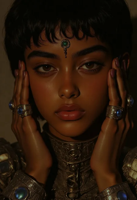 Fluxlisimo, dark art, fictionalcasca, tanned skin, brown eyes, short black hair, glowing dots and lines artwork, HQ, high quality, highly detailed, 8k, hyper realistic, cinematic: Close-up portrait of fictionalcasca, a striking woman with smooth, rich tanned skin and short black hair styled sleekly. Her deep brown eyes are intense and framed by bold, glittering silver eyeshadow that shimmers in the light. A small silver nose ring adorns her left nostril, while her full, glossy deep plum lips exude elegance. Ornate silver jewelry with sparkling blue gemstones decorates her forehead, nose, and hands, adding a regal aura. Multiple silver rings with colorful gemstones delicately frame her face. Jewelry and facial features glow with luminous, toxic neon green, electric blue, bright violet, and deep magenta hues. The background softly fades into neutral tones to emphasize her radiant face and luxurious adornments. Soft, even lighting enhances intricate details, creating a polished, elegant, and mesmerizing atmosphere.