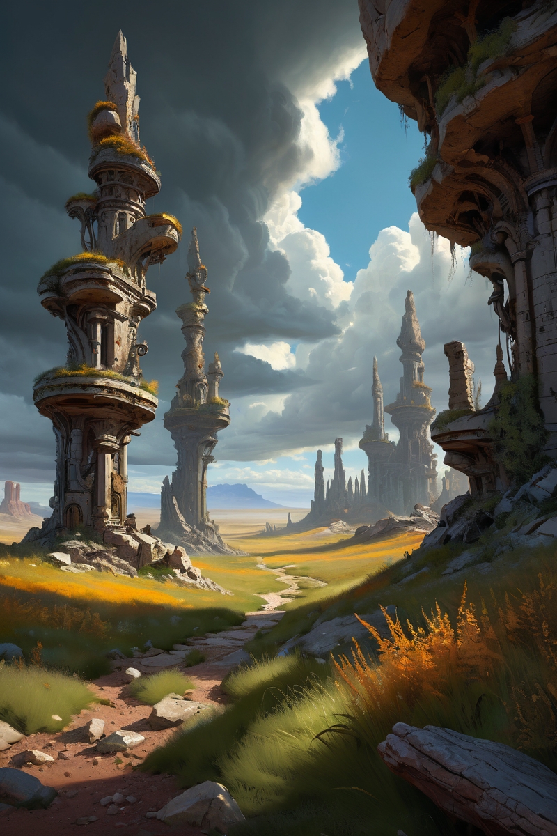 petrified stone forest during storm, dust devils, migratory ruin complexes where collapsible reed temples bloom with seasons, maintained by seasonal lichen caravans, cinematic view, epic sky, detailed, concept art, low angle, high detail, warm lighting, volumetric, godrays, vivid, beautiful, trending on artstation, by jordan grimmer, huge scene, grass, art greg rutkowski,
 <lora:detailed_notrigger:0.7>, <lora:add-detail-xl:0.3>, oil painting art style from Renaissance period, masterful composition, Renaissance mood, renaissance oil painting, brush strokes, Baroque art style, dynamic composition, dramatic lighting, rich colors, intricate details, professional-grade execution, captures the grandeur and theatricality of the Baroque period