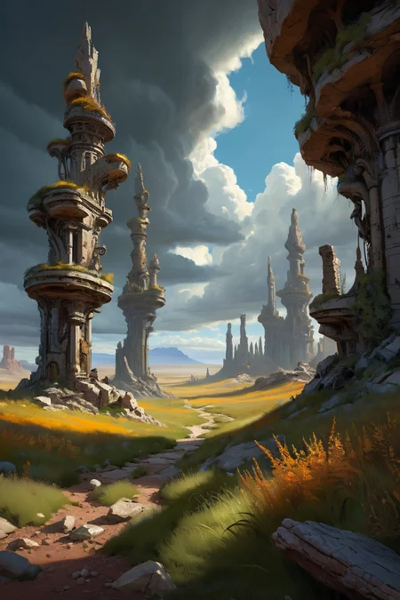 petrified stone forest during storm, dust devils, migratory ruin complexes where collapsible reed temples bloom with seasons, maintained by seasonal lichen caravans, cinematic view, epic sky, detailed, concept art, low angle, high detail, warm lighting, volumetric, godrays, vivid, beautiful, trending on artstation, by jordan grimmer, huge scene, grass, art greg rutkowski,
<lora:detailed_notrigger:0.7>, <lora:add-detail-xl:0.3>, oil painting art style from Renaissance period, masterful composition, Renaissance mood, renaissance oil painting, brush strokes, Baroque art style, dynamic composition, dramatic lighting, rich colors, intricate details, professional-grade execution, captures the grandeur and theatricality of the Baroque period