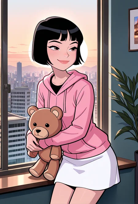cartoon, screencap,  <lora:julieaf:1> julieaf, 1girl, short hair, black hair, lips,long sleeves, white skirt, pink hoodie, hoodie over skirt, , smile, pose, expressive face, sitting on window frame, looking out, window, golden hour, city scape, house plant, holding teddy bear, masterpiece, best quality, amazing quality, very aesthetic, absurdres, newest,