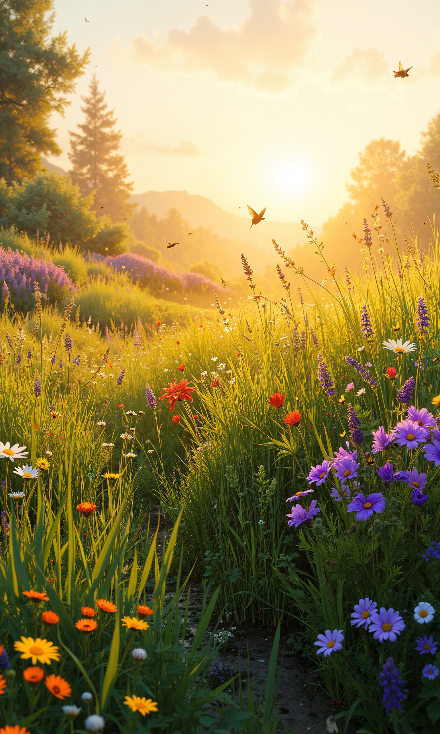 A lush meadow bathed in the soft glow of a golden afternoon sun, with a diverse array of wildflowers painting the landscape in vibrant hues of purples, yellows, and reds. Tall grasses sway gently in the warm breeze, their tips catching the fading light, creating a tapestry of textures across the field. Scattered patches of lavender and daisies add an aromatic touch, drawing delicate butterflies and humming bees. The air is filled with the gentle buzz of insects, mingling with the sweet scent of blooming flora. A soft haze envelops the horizon, as if embracing the meadow in a warm, comforting embrace. Here and there, a gentle slope rises, offering a chance to view the meadow's expanse from a different angle. This serene, pastoral scene evokes a sense of tranquility and timeless beauty, captured in exquisite detail, highlighting the richness of nature's palette with perfect clarity and depth, 8k, masterpiece, photorealistic, vivid glow, atmospheric lighting <lora:Anime v1.3:0.7> <lora:sxz-Dark-Fantasy-v2-Flux:0.4> <lora:flux_dev:1>