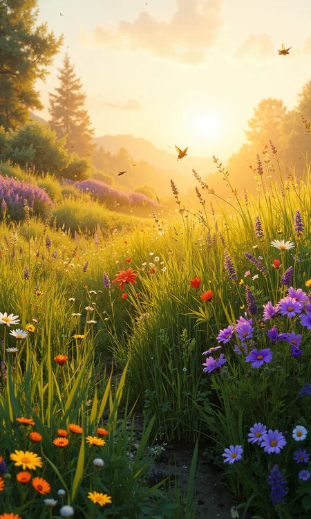 A lush meadow bathed in the soft glow of a golden afternoon sun, with a diverse array of wildflowers painting the landscape in vibrant hues of purples, yellows, and reds. Tall grasses sway gently in the warm breeze, their tips catching the fading light, creating a tapestry of textures across the field. Scattered patches of lavender and daisies add an aromatic touch, drawing delicate butterflies and humming bees. The air is filled with the gentle buzz of insects, mingling with the sweet scent of blooming flora. A soft haze envelops the horizon, as if embracing the meadow in a warm, comforting embrace. Here and there, a gentle slope rises, offering a chance to view the meadow's expanse from a different angle. This serene, pastoral scene evokes a sense of tranquility and timeless beauty, captured in exquisite detail, highlighting the richness of nature's palette with perfect clarity and depth, 8k, masterpiece, photorealistic, vivid glow, atmospheric lighting <lora:Anime v1.3:0.7> <lora:sxz-Dark-Fantasy-v2-Flux:0.4> <lora:flux_dev:1>