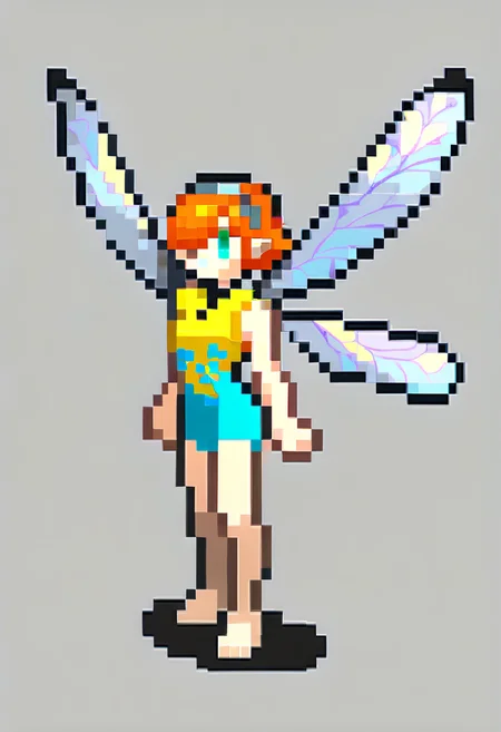 score_9, score_8_up, score_7_up, source_anime, 1girl, <lora:FEGBA-SpritesV2-pdxl_Fp:1> simple background, pixel art, full body, <lora:GallicaMRv2-pdxl:1> gallicaMR, short hair, orange hair, pointy ears, grey hairband, aqua eyes, hair over one eye, yellow leotard, turtleneck, bare arms, floral print, fairy wings, barefoot