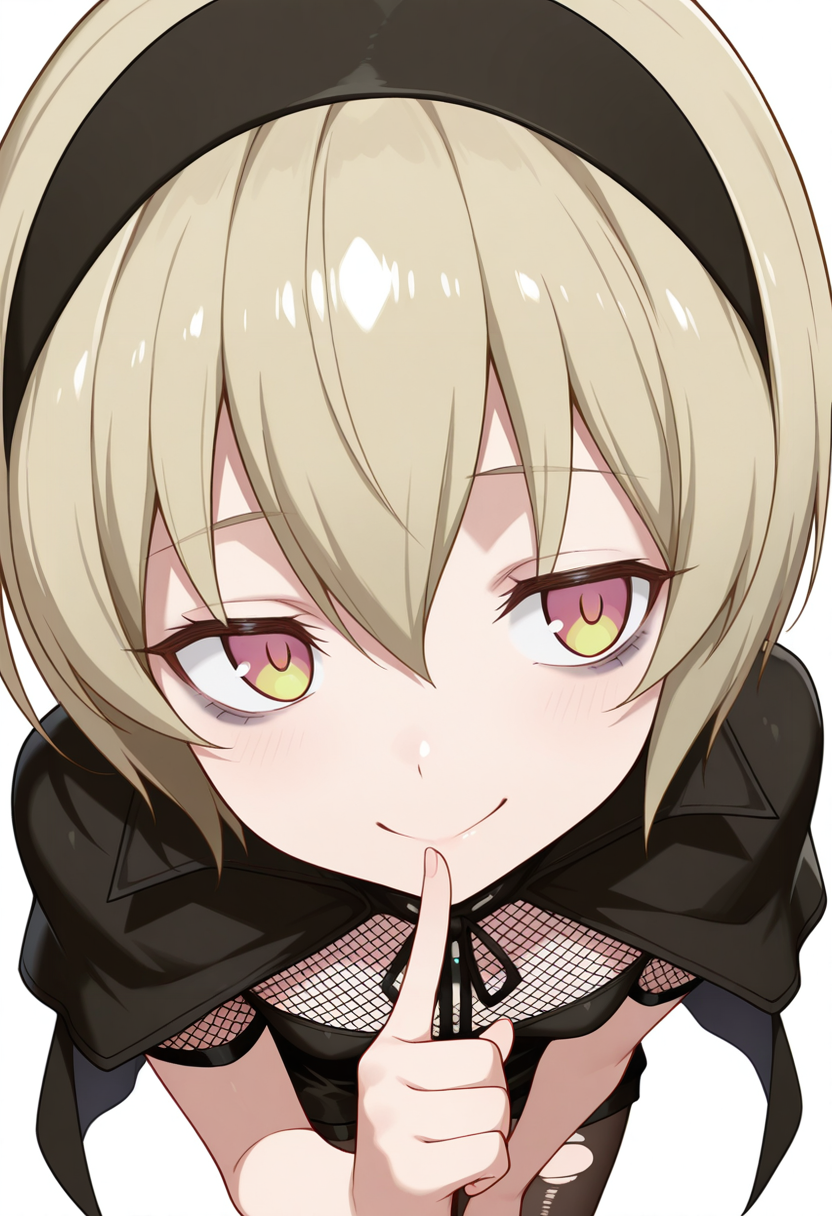 Smooth Quality,masterpiece,very intricate, high quality details, ultra realistic, high detailed skin,detailed enviorement,absurdres,
pointing up,
 <lora:Pekora_CNR:0.8> pekora_cnr, 1girl, blonde hair, short hair, bangs, yellow eyes, multicolored eyes, shiny hair black hairband,bags under eyes,, forced smile,, simple background, white background, from above,solo,, fishnet top,  ,cape, ,torn pantyhose,  ,