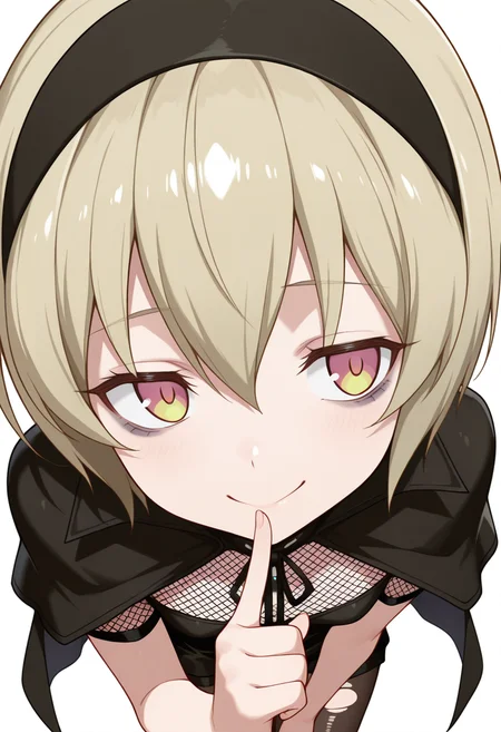 Smooth Quality,masterpiece,very intricate, high quality details, ultra realistic, high detailed skin,detailed enviorement,absurdres,
pointing up,
<lora:Pekora_CNR:0.8> pekora_cnr, 1girl, blonde hair, short hair, bangs, yellow eyes, multicolored eyes, shiny hair black hairband,bags under eyes,, forced smile,, simple background, white background, from above,solo,, fishnet top, ,cape, ,torn pantyhose, ,