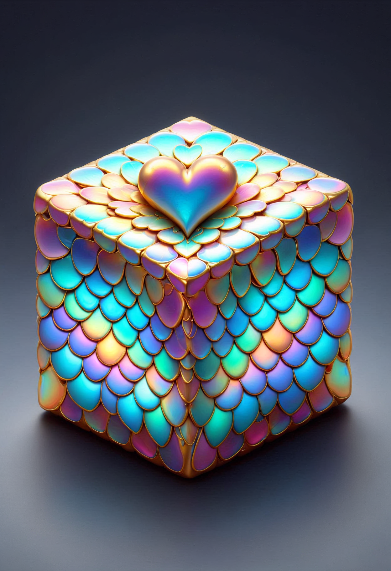 a cube, heart engravings, extremely detailed, made out of iridescent scales, <lora:PinkieIriSclsSDXL-v1:1>, p1nk1r1sc4l3s,