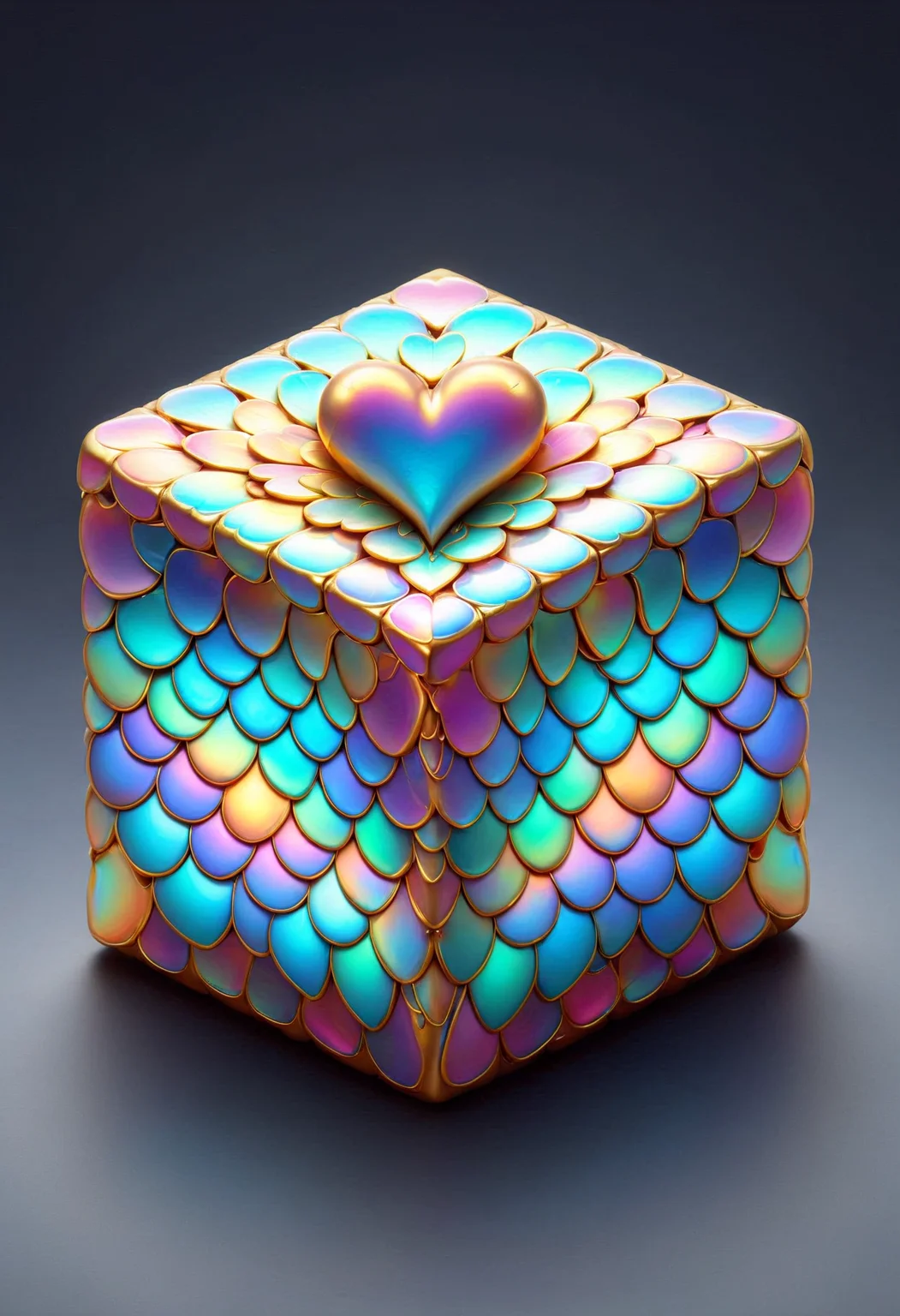 a cube, heart engravings, extremely detailed, made out of iridescent scales, <lora:PinkieIriSclsSDXL-v1:1>, p1nk1r1sc4l3s,