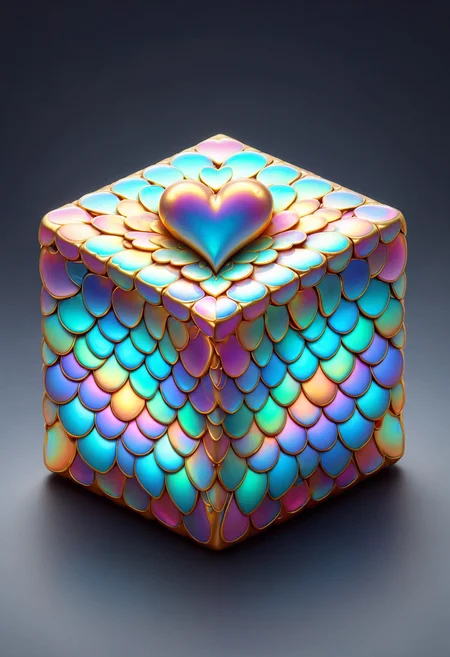 a cube, heart engravings, extremely detailed, made out of iridescent scales, <lora:PinkieIriSclsSDXL-v1:1>, p1nk1r1sc4l3s,