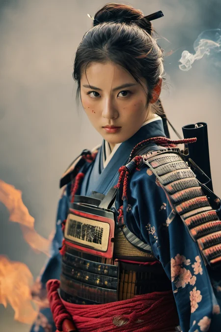 A 28-year-old girl,full body shoot,embodying the spirit of a Samurai from the Warring States Period in Japan. Brightly colored,with a backdrop of war,She wears traditional samurai armor adorned with intricate details,holding a katana with determination,The falling smoke of gunpowder,<lora:Samurai:0.8>,