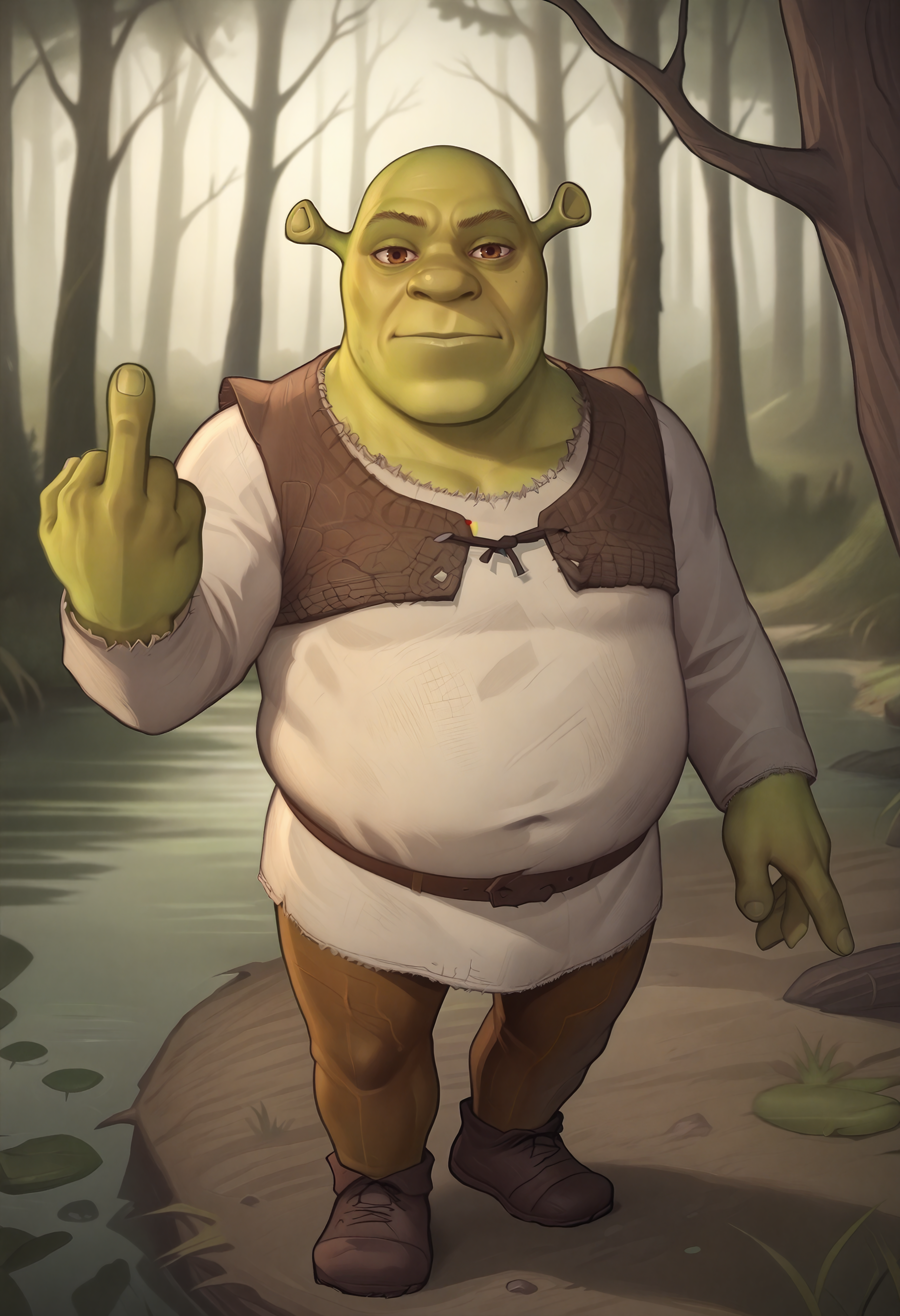 score_9, score_7_up BREAK shrek, green skin,male focus,swamp,middle finger,bald,looking at viewer  <lora:asura_pd:1>  <lora:Shrek_XLPD:0.8>