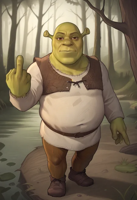 score_9, score_7_up BREAK shrek, green skin,male focus,swamp,middle finger,bald,looking at viewer  <lora:asura_pd:1>  <lora:Shrek_XLPD:0.8>