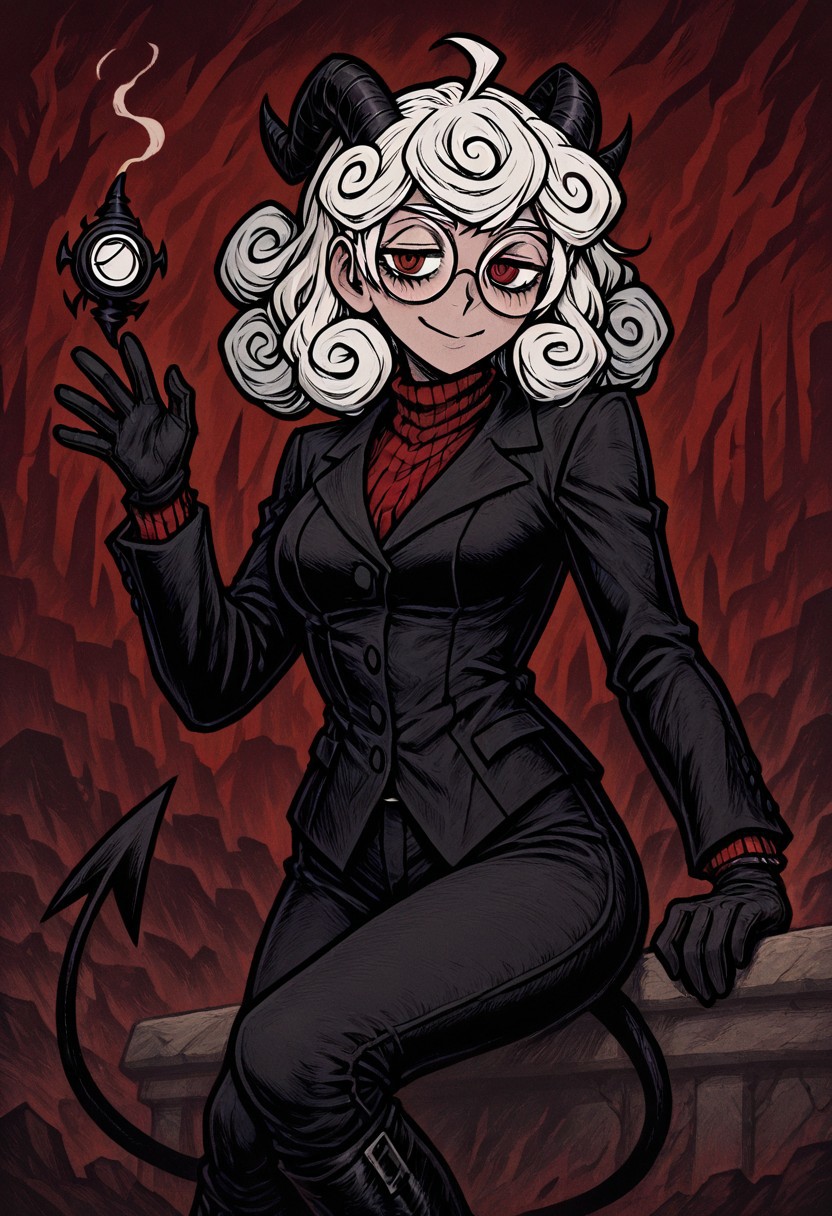 masterpiece, best quality, newest, absurdres, highres, NFCV1.0, 
1girl, pandemonica (helltaker), demon girl, horns, black horns, white hair, knee boots, gloves, demon tail, demon horns, black jacket, curly hair, glasses, round glasses, round eyewaer,