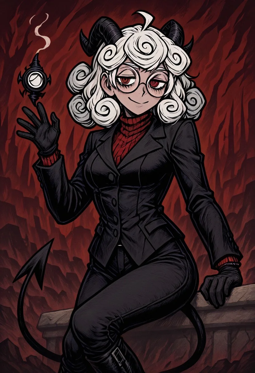masterpiece, best quality, newest, absurdres, highres, NFCV1.0,
1girl, pandemonica (helltaker), demon girl, horns, black horns, white hair, knee boots, gloves, demon tail, demon horns, black jacket, curly hair, glasses, round glasses, round eyewaer,