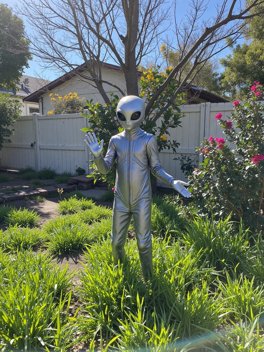 iphone photo. Alien in silver suit, standing in an overgrown, post-apocalyptic backyard, surrounded by ruins of a suburban house. Grass overgrown and wild, flowers still blooming despite decay, white fence partially collapsed, sunlight filtering through broken tree branches, eerie and hopeful mix of nature and ruin, alien figure standing out with a peaceful gesture.