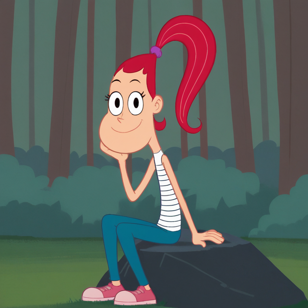 score_9_up, score_8_up, BREAK, skyegunderson, 1girl, solo, red hair, high ponytail, black eyes, white shirt, striped shirt, sleeveless, pants, pink footwear,  <lora:SkyeGunderson_PXL_Leaf1:0.8>, looking at viewer, forest, sitting on rock