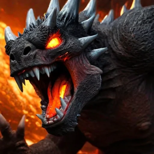 hell, realistic, no humans, glowing, sharp teeth, teeth, fire, claws, monster, open mouth, glowing eyes, kaijuu, molten rock, giant, spikes, solo, scales