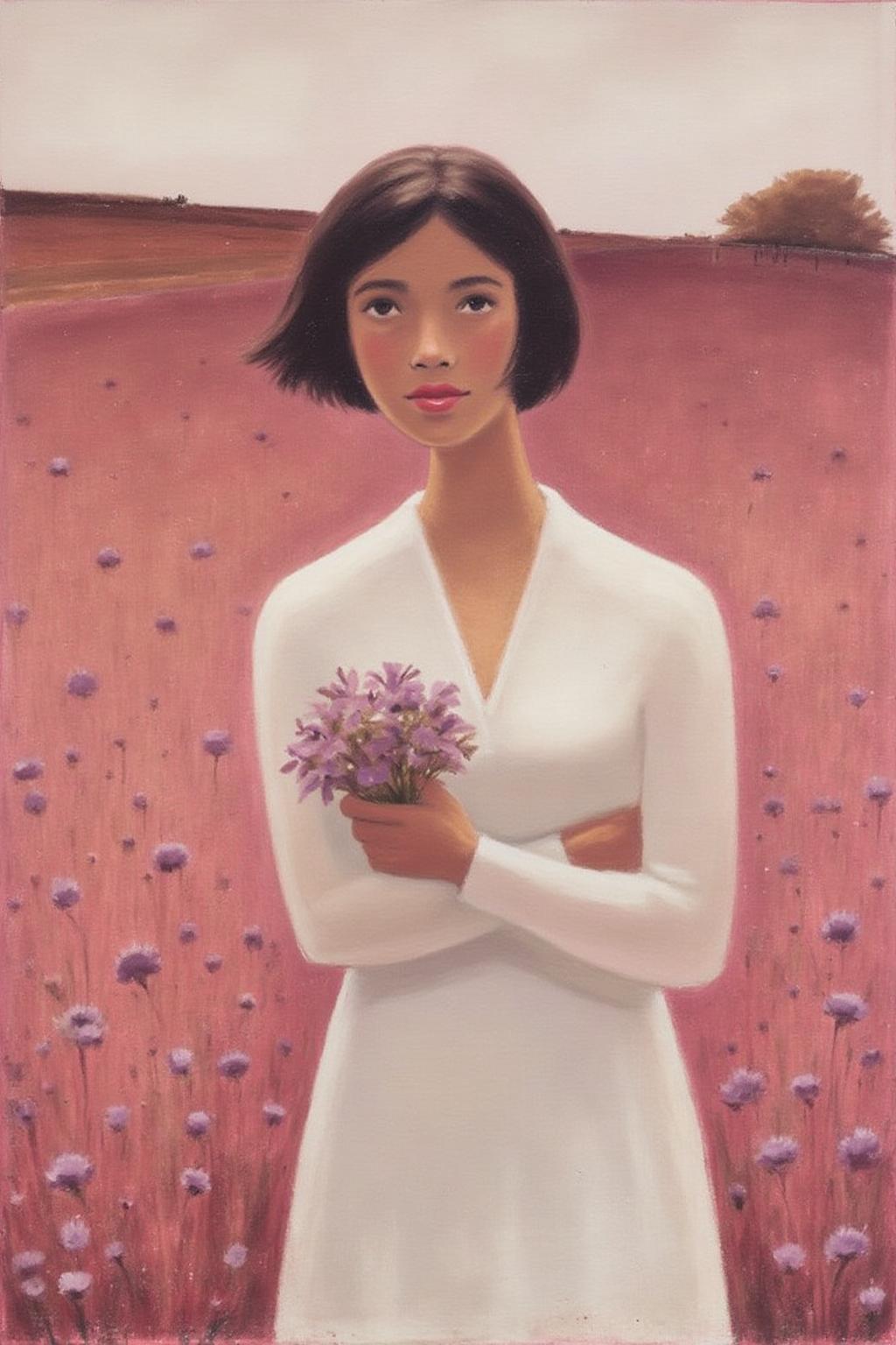 jeanpaullemieux1 painting.
A woman with short dark hair stands in the center of a reddish-pink field filled with small purple flowers. She has her arms crossed and looks directly at the viewer. She holds a bouquet of flowers in her hand. <lora:jeanpaullemieux1_cap_d6a3e8:1.0><lora:841076281853362853:0>