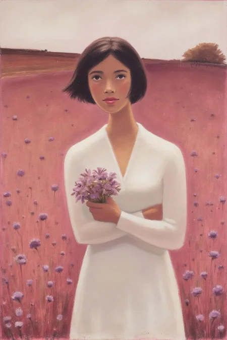 jeanpaullemieux1 painting.
A woman with short dark hair stands in the center of a reddish-pink field filled with small purple flowers. She has her arms crossed and looks directly at the viewer. She holds a bouquet of flowers in her hand. <lora:jeanpaullemieux1_cap_d6a3e8:1.0><lora:841076281853362853:0>