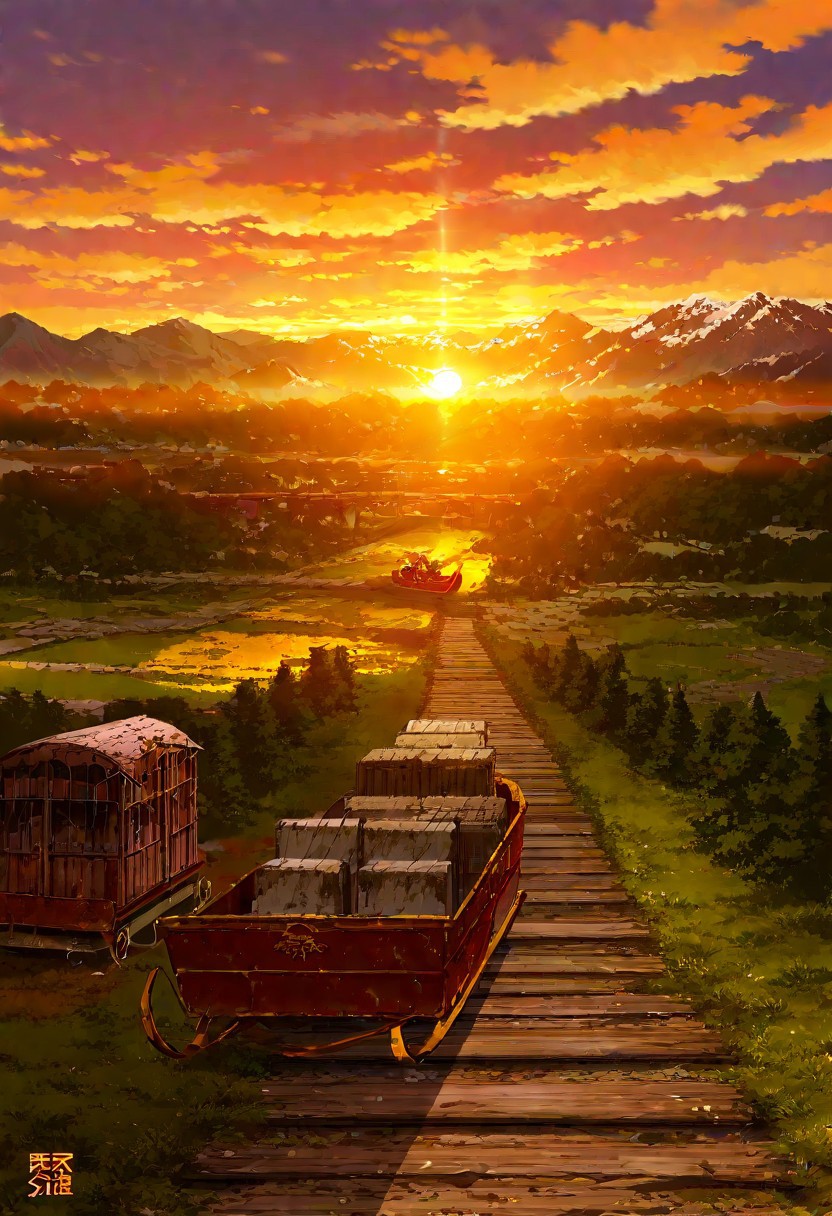 tokyogenso, Makoto Shinkai, cola \(gotouryouta\), kashi takahisa, Ashinano Hitoshi,
orange sky, bridge, Santa Claus' sleigh, gold-trimmed red sleigh, snow printed sleigh, sunset, cloudy sky, covered wagon, evening, dirt road, landscape, mountainous horizon, nature, no humans, outdoors, path, road, scenery, sky, tree, abandoned sleigh, water, wooden bridge, overgrown, abandoned, rust, dilapidated, ruins, scenery, 
score_9, score_8_up, score_7_up, masterpiece, best quality, very aesthetic, very awa, absurdres,  extremely detailed,