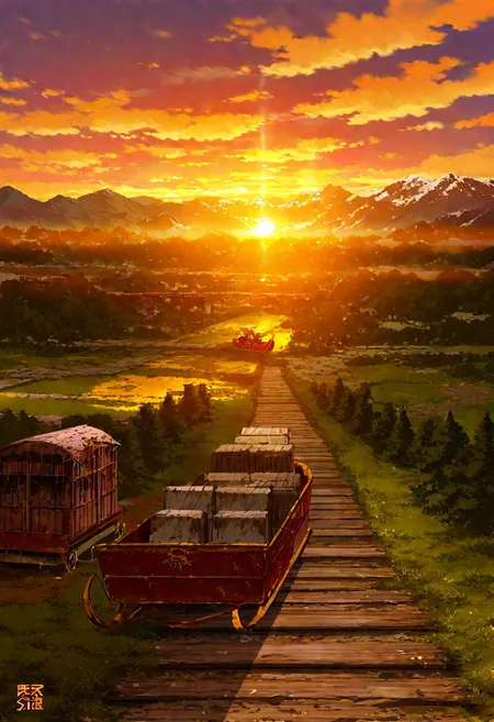 tokyogenso, Makoto Shinkai, cola \(gotouryouta\), kashi takahisa, Ashinano Hitoshi,
orange sky, bridge, Santa Claus' sleigh, gold-trimmed red sleigh, snow printed sleigh, sunset, cloudy sky, covered wagon, evening, dirt road, landscape, mountainous horizon, nature, no humans, outdoors, path, road, scenery, sky, tree, abandoned sleigh, water, wooden bridge, overgrown, abandoned, rust, dilapidated, ruins, scenery,
score_9, score_8_up, score_7_up, masterpiece, best quality, very aesthetic, very awa, absurdres, extremely detailed,