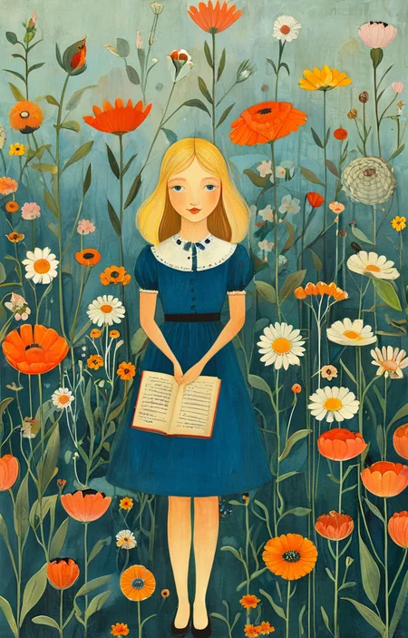 masterpiece,best quality,<lora:tbh143-sdxl:0.7>,patten,computer,flowers,illustration,style of Alice Provensen,