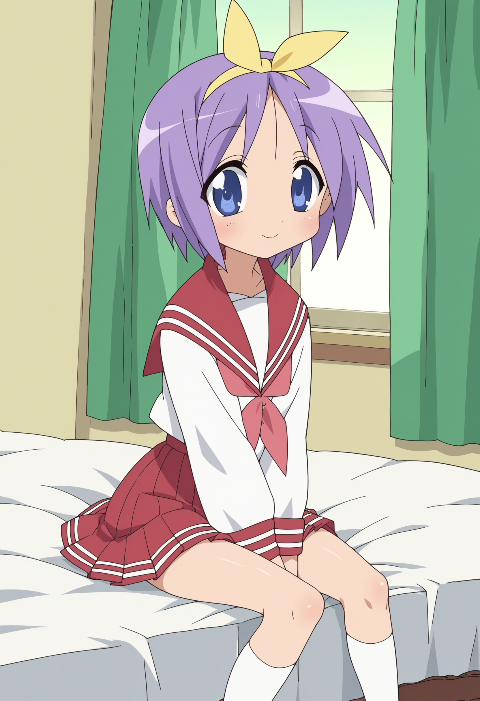 score_9, score_8_up, score_7_up, score_6_up, score_5_up, score_4_up , anime coloring ,BREAK source_anime, anime,screencap,
1girl, solo, lstsukasa, school uniform, school shirt, yellow hair bow, sailor collar, red skirt, white socks, brown loafers,   <lora:PonyXL LS Tsukasa V2:1>
indoors, bedroom, sitting on bed,
smile, looking at viewer,