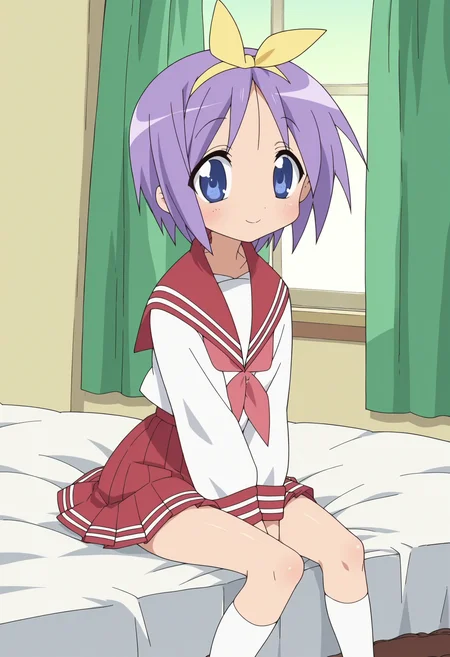score_9, score_8_up, score_7_up, score_6_up, score_5_up, score_4_up , anime coloring ,BREAK source_anime, anime,screencap,
1girl, solo, lstsukasa, school uniform, school shirt, yellow hair bow, sailor collar, red skirt, white socks, brown loafers, <lora:PonyXL LS Tsukasa V2:1>
indoors, bedroom, sitting on bed,
smile, looking at viewer,