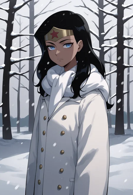 score_9, score_8_up, score_7_up, score_6_up, score_5_up, score_4_up, BREAK, source_anime,
1girl, wonderwoman standing outdoors in the snow during the winter,
black hair, long hair, blue eyes, dark skin,
winter clothes, white scarf, coat,
expressionless, looking at viewer, outdoors, snow, snowing, solo, tree, winter <lora:WonderWomanKidsXL:1>