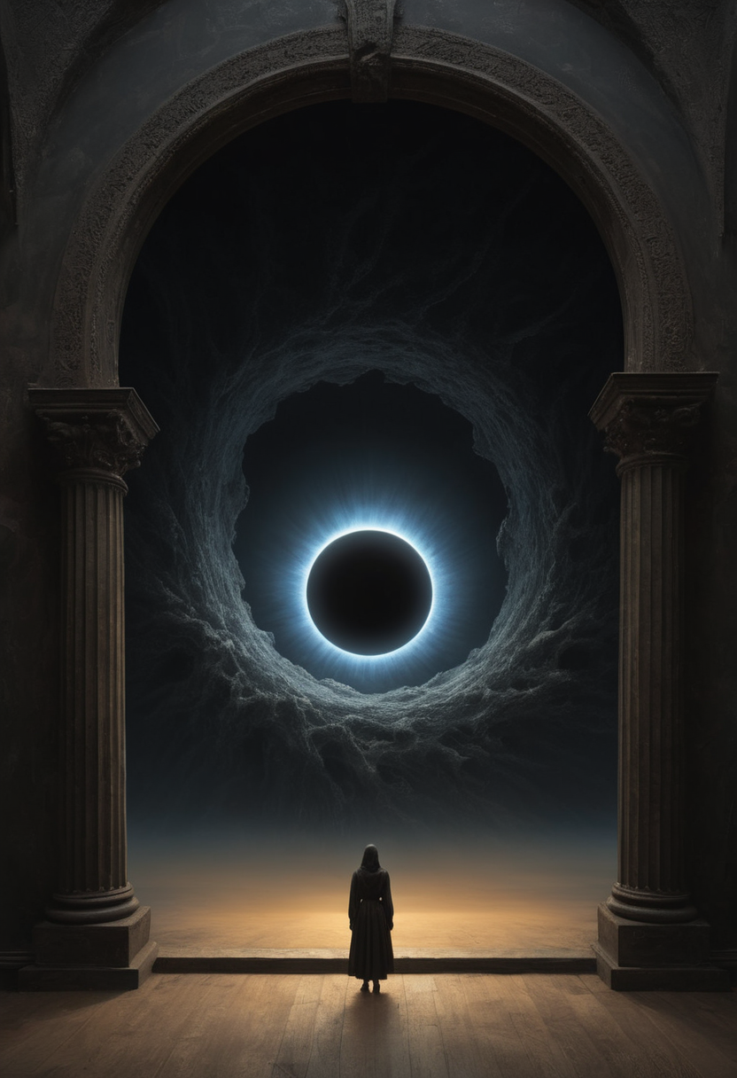 Subject: Massive black hole, inspired by Beksinski's gothic surrealism and Caravaggio's dramatic light.Style: Photorealistic with gothic-sci-fi and Baroque influences.Details: Centered black hole, embodying the eerie, majestic force of the cosmos, framed in Beksinski's apocalyptic style and Caravaggio's intense chiaroscuro. Space is alive with swirling galaxies and ethereal light, capturing the sublime terror of the universe.Composition: 8K HDR, Depth of Field, Action Scene, Natural Lighting, centered-shot, 22 Megapixels, shot on IMAX 70mm, detailed, elegant, perfection, shimmering, with a perspective that dramatizes the black hole's gravitational pull.Render: The scene merges the haunting beauty of infinite space with the artistic depth of Beksinski and Caravaggio, creating a captivating, high-resolution image that invites viewers to ponder the cosmic ballet of light and darkness. <lora:add-detail-xl:1>