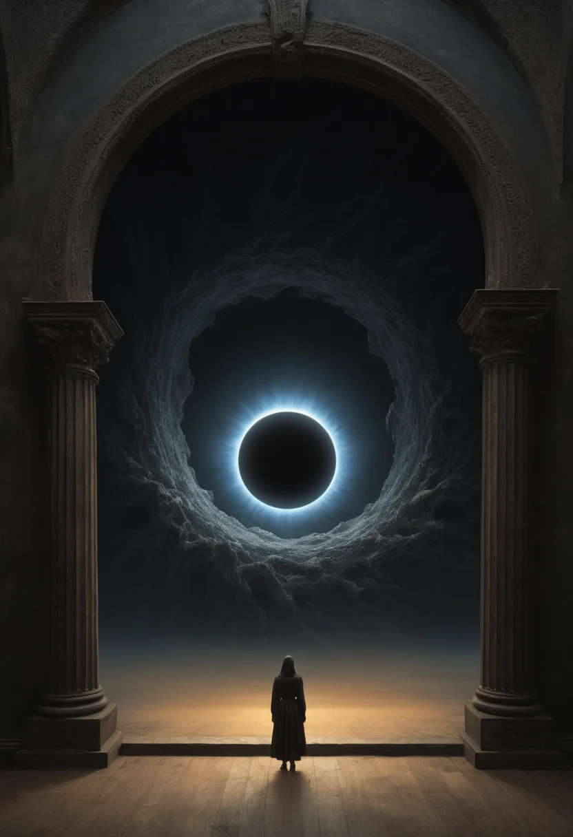 Subject: Massive black hole, inspired by Beksinski's gothic surrealism and Caravaggio's dramatic light.Style: Photorealistic with gothic-sci-fi and Baroque influences.Details: Centered black hole, embodying the eerie, majestic force of the cosmos, framed in Beksinski's apocalyptic style and Caravaggio's intense chiaroscuro. Space is alive with swirling galaxies and ethereal light, capturing the sublime terror of the universe.Composition: 8K HDR, Depth of Field, Action Scene, Natural Lighting, centered-shot, 22 Megapixels, shot on IMAX 70mm, detailed, elegant, perfection, shimmering, with a perspective that dramatizes the black hole's gravitational pull.Render: The scene merges the haunting beauty of infinite space with the artistic depth of Beksinski and Caravaggio, creating a captivating, high-resolution image that invites viewers to ponder the cosmic ballet of light and darkness. <lora:add-detail-xl:1>