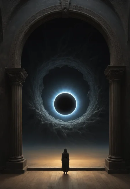 Subject: Massive black hole, inspired by Beksinski's gothic surrealism and Caravaggio's dramatic light.Style: Photorealistic with gothic-sci-fi and Baroque influences.Details: Centered black hole, embodying the eerie, majestic force of the cosmos, framed in Beksinski's apocalyptic style and Caravaggio's intense chiaroscuro. Space is alive with swirling galaxies and ethereal light, capturing the sublime terror of the universe.Composition: 8K HDR, Depth of Field, Action Scene, Natural Lighting, centered-shot, 22 Megapixels, shot on IMAX 70mm, detailed, elegant, perfection, shimmering, with a perspective that dramatizes the black hole's gravitational pull.Render: The scene merges the haunting beauty of infinite space with the artistic depth of Beksinski and Caravaggio, creating a captivating, high-resolution image that invites viewers to ponder the cosmic ballet of light and darkness. <lora:add-detail-xl:1>